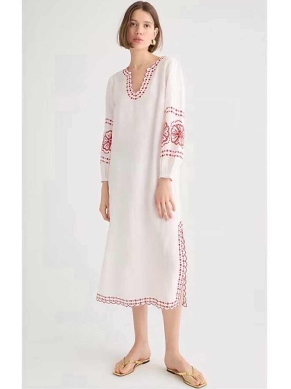 J. Crew White Midi linen Dress with embroidered red trim
